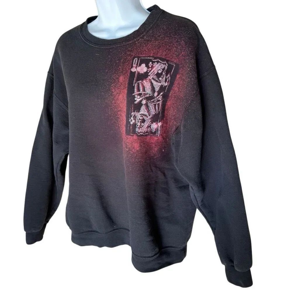 Queen of Clubs Hand-Dyed Stenciled Custom Crewneck Sweater L